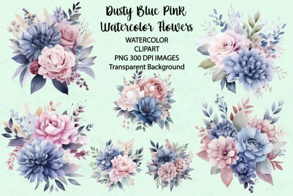 Download Dusty Blue and Pink Watercolor Flowers - Watercolor flowers Collection