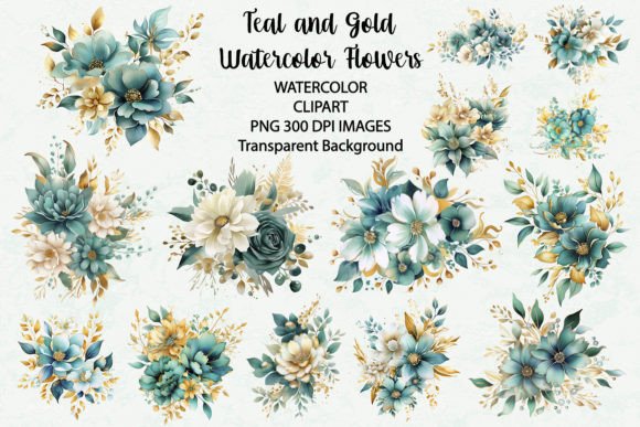 Download Teal and Gold Watercolor Flowers Clipart - Watercolor flowers Collection