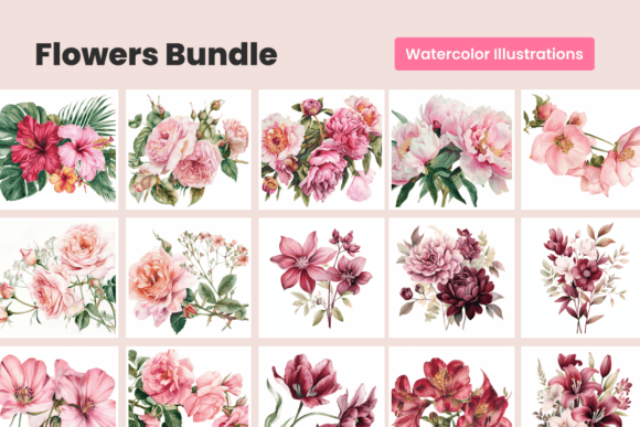 Download Watercolor Flowers Bundle | 30 Drawings - Watercolor flowers Collection