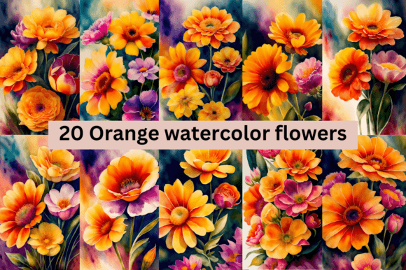 Download #4 Orange Watercolor Flowers Bundle - Watercolor flowers Collection